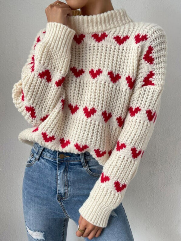 Damenmode neuer loser Jacquard-Pullover mit Liebesmotiv 