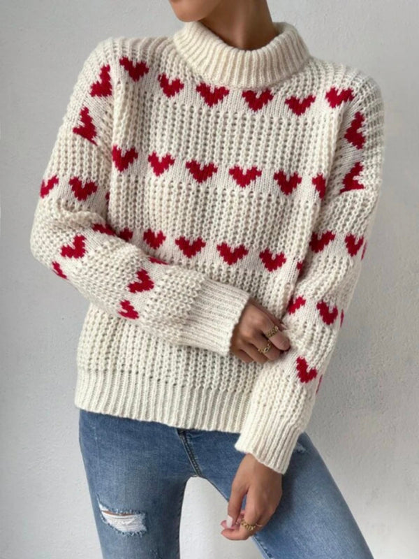 Damenmode neuer loser Jacquard-Pullover mit Liebesmotiv 