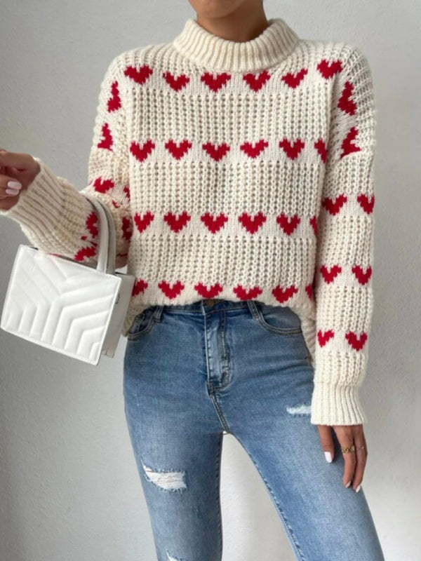 Damenmode neuer loser Jacquard-Pullover mit Liebesmotiv 