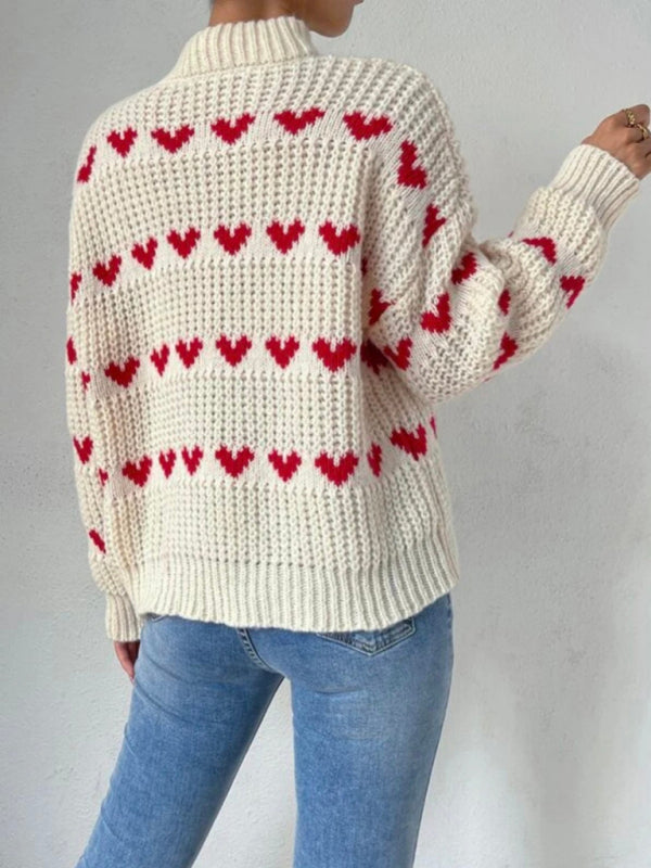 Damenmode neuer loser Jacquard-Pullover mit Liebesmotiv 