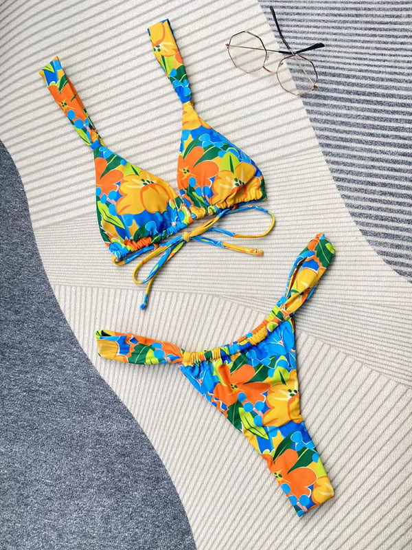 Damenmode neuer bedruckter Riemchen-Split-Bikini 