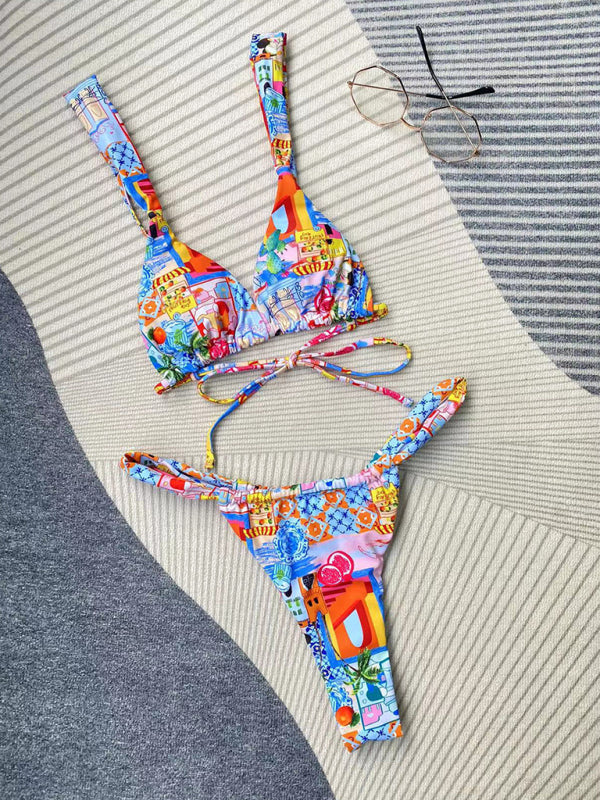 Damenmode neuer bedruckter Riemchen-Split-Bikini 