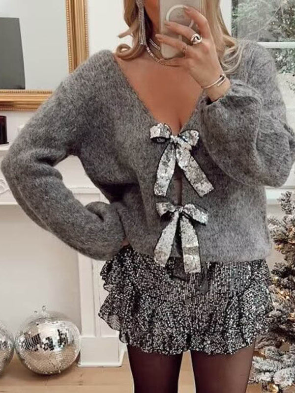 New sweater sequin bow top V-neck loose sweater New women&