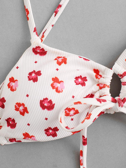 Neuer Neckholder-Bikini mit geteiltem rosafarbenem Blumenmuster und Batikmuster 