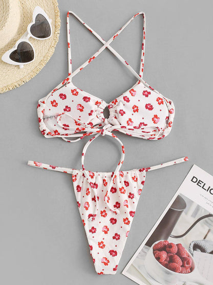 Nouveau Maillot de bain fendu imprimé fleur rose, bikini à col licou, teinture par nouage, nouvelle collection 