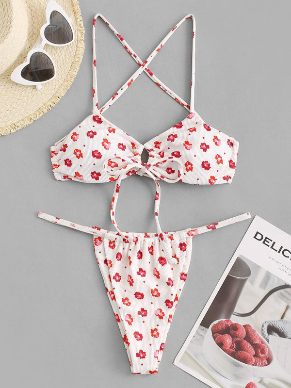 Nouveau Maillot de bain fendu imprimé fleur rose, bikini à col licou, teinture par nouage, nouvelle collection 