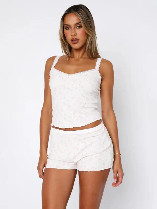 Front view of floral lace shorts set