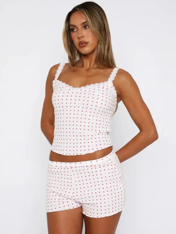 Front view of heart print lace shorts set