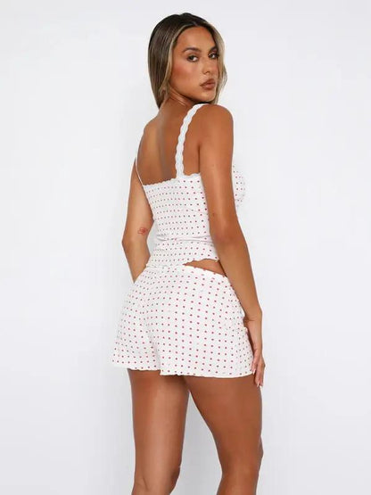 Back view of lace shorts set with heart print