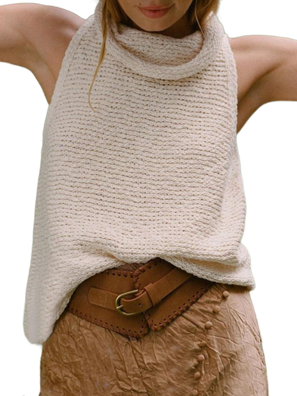 Gilet tricoté sans manches avec col écharpe pour femmes, pull à la mode de rue 