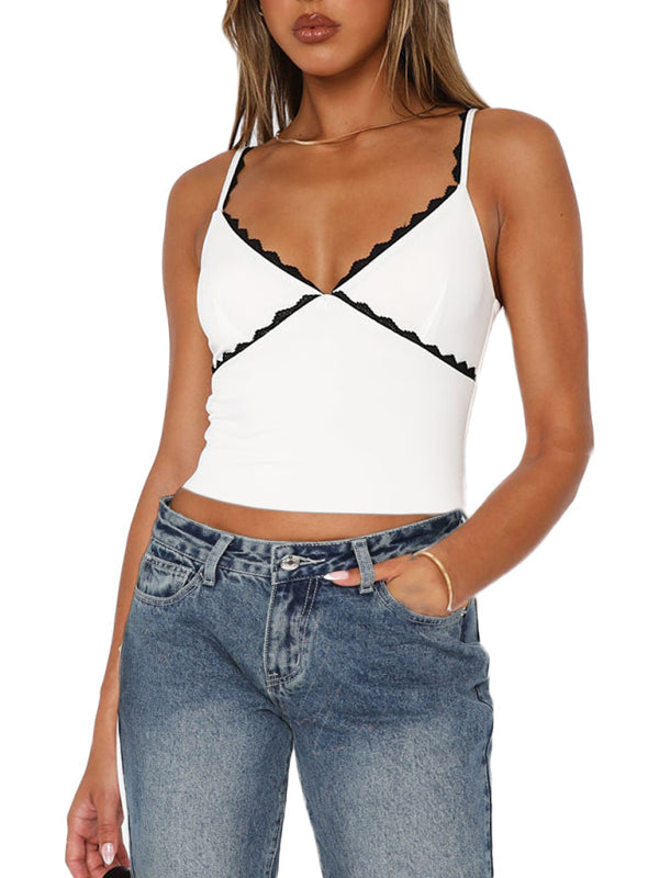 Gilet en dentelle à bretelles pour femmes, à la mode, col en v, couleur unie, gilet 