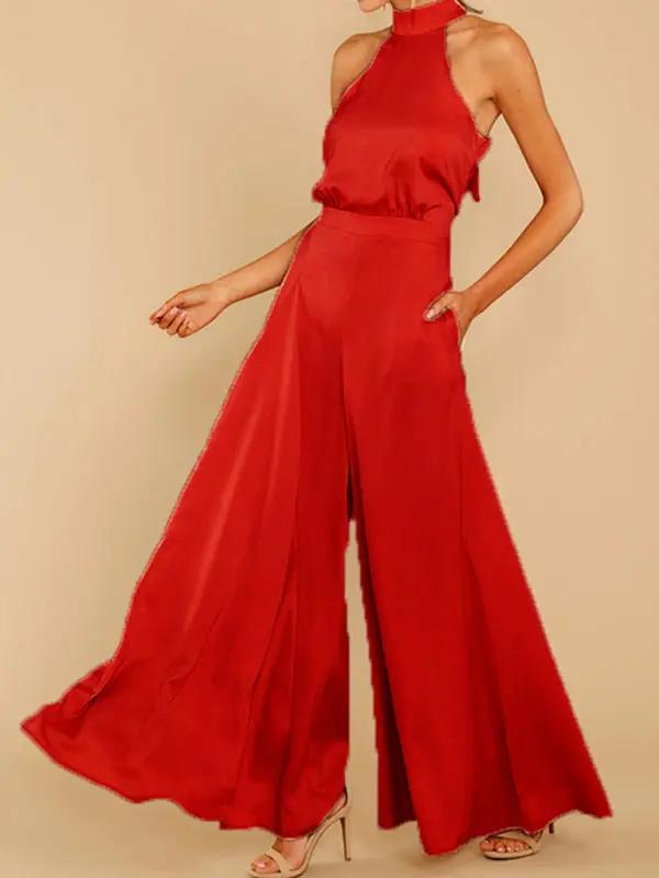 Red halter-neck wide-leg jumpsuit, front view