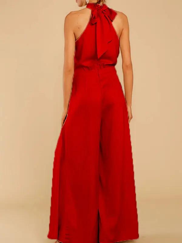 Red halter-neck wide-leg jumpsuit, back view