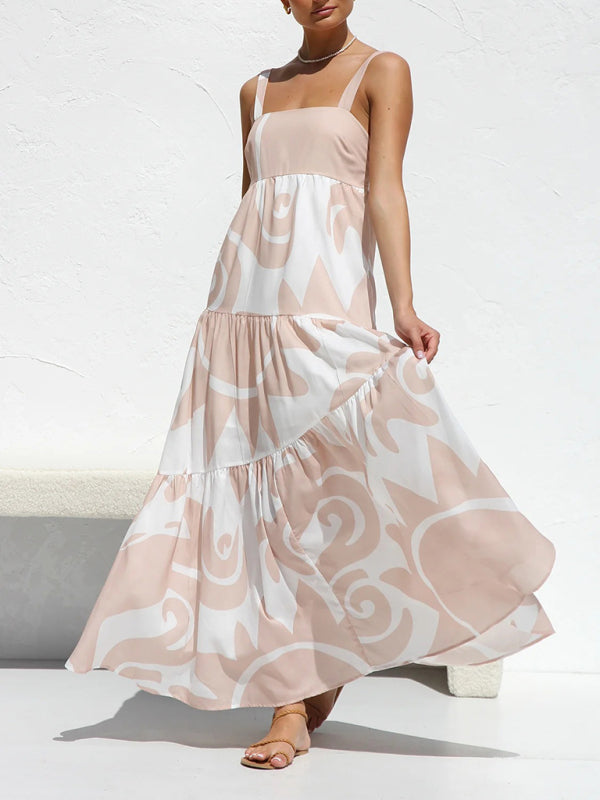 Robe à bretelles imprimée simple pour femmes, avec grande jupe, à la mode 