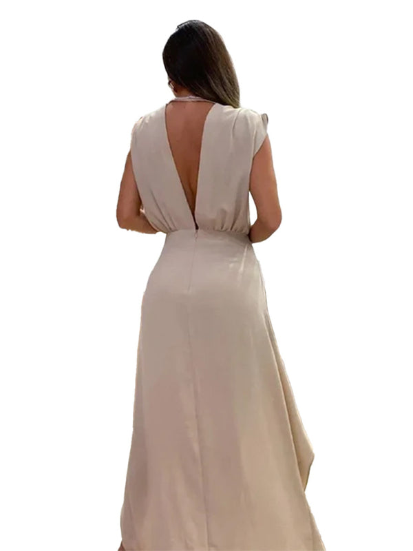 Robe simple à double couche, sans manches, col en v profond, nouvelle collection pour femmes 