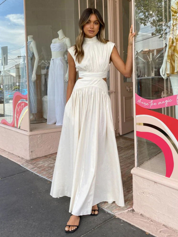 Robe grande jupe plissée, couleur unie, taille vide, sexy, taille exposée, nouvelle collection 