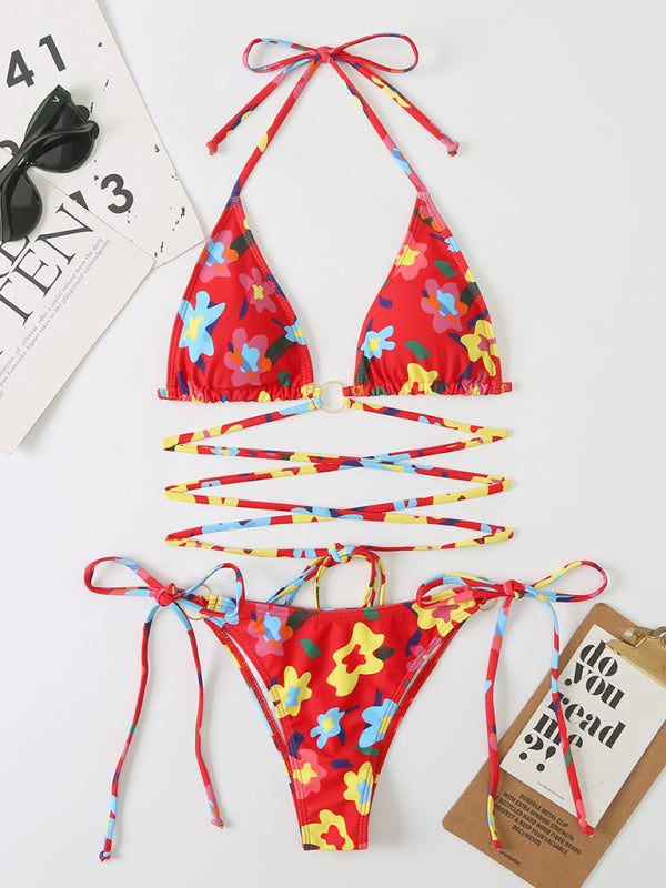 Neuer Bikini für Damen mit Blumendruck, Strandträger-Badeanzug 
