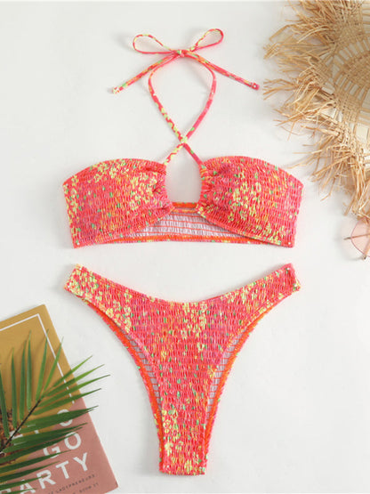 Bikini deux pièces sexy à lacets et bretelles plissées à imprimé floral pour femme 