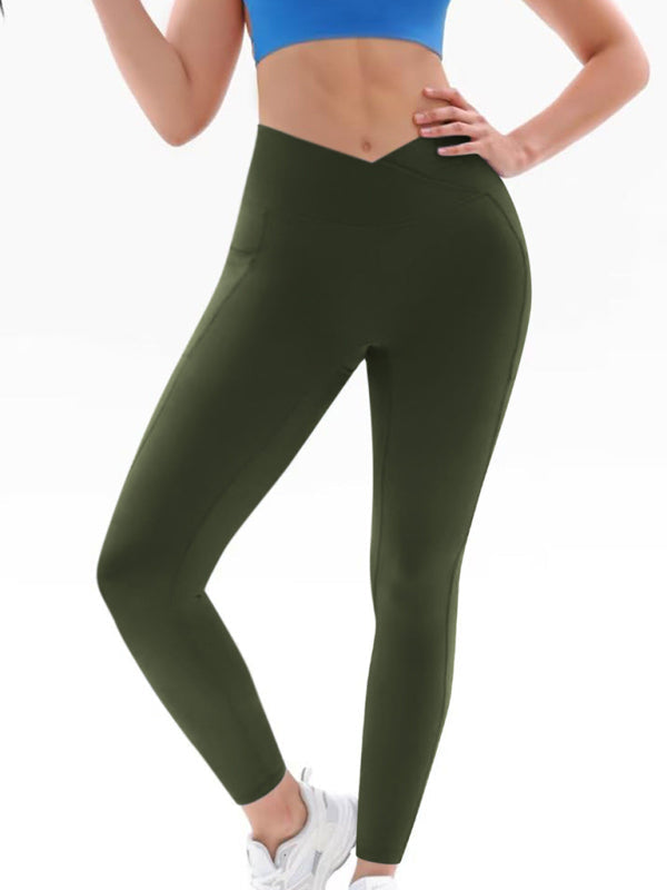 Olive green high waist yoga pants with hip pocket