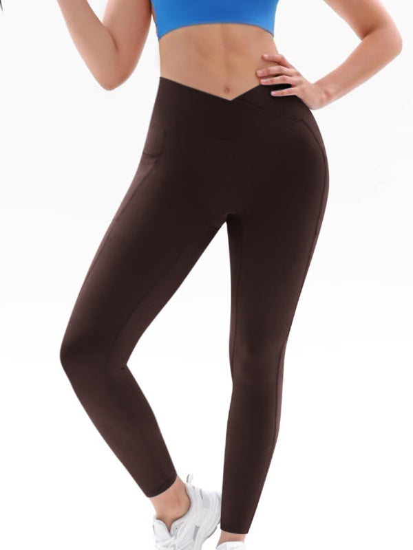 Brown high waist yoga pants with hip pocket