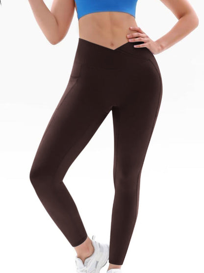 Brown high waist yoga pants with hip pocket