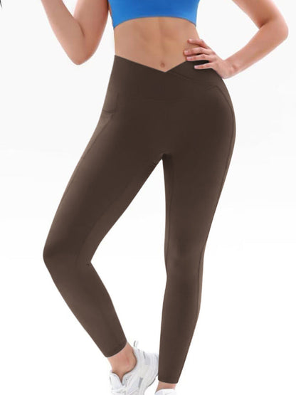 Dark brown high waist yoga pants with hip pocket