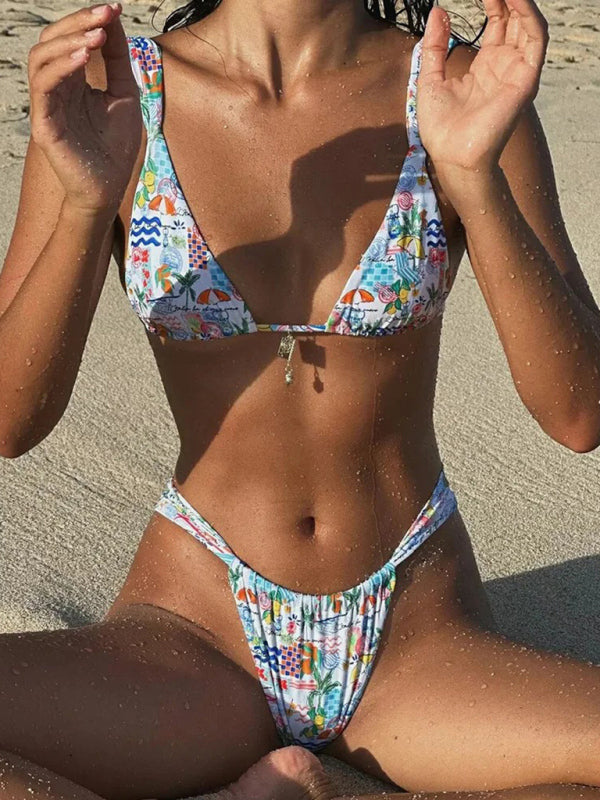 Bikini sexy à lacets avec bretelles en métal imprimé plage pour femmes 