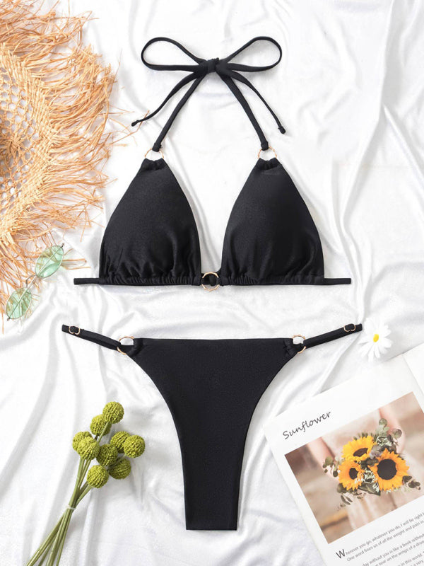 Damen-Bikini mit Metallring, Strandgurt, Hosenträger, sexy, zweiteilig 