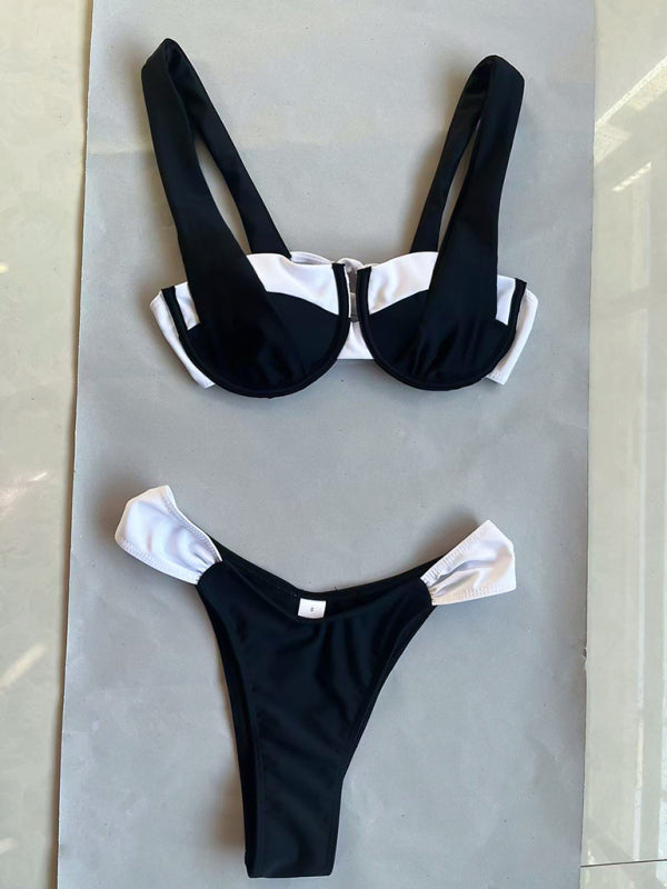 Schwarz-weißer, farblich passender, sexy zweiteiliger Strand-Straps-Bikini für Damen 