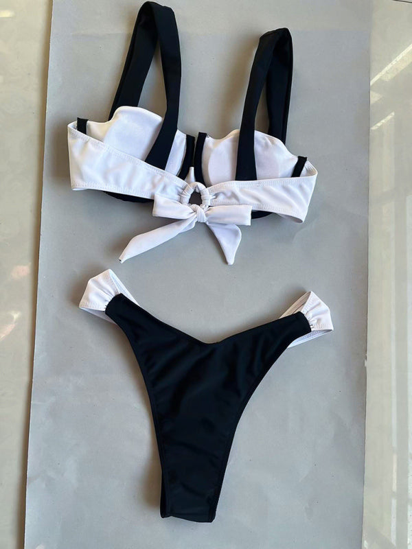 Schwarz-weißer, farblich passender, sexy zweiteiliger Strand-Straps-Bikini für Damen 
