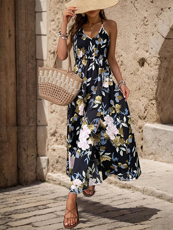 Floral print slit strapless backless A-line dress, side view