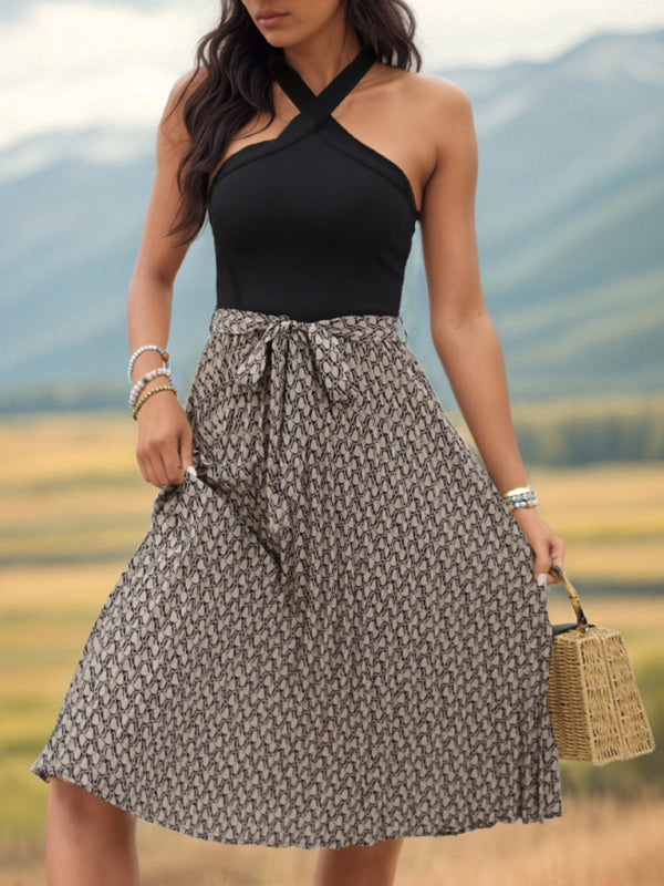 Color Blocked Cross Neck Halter Dress with patterned skirt