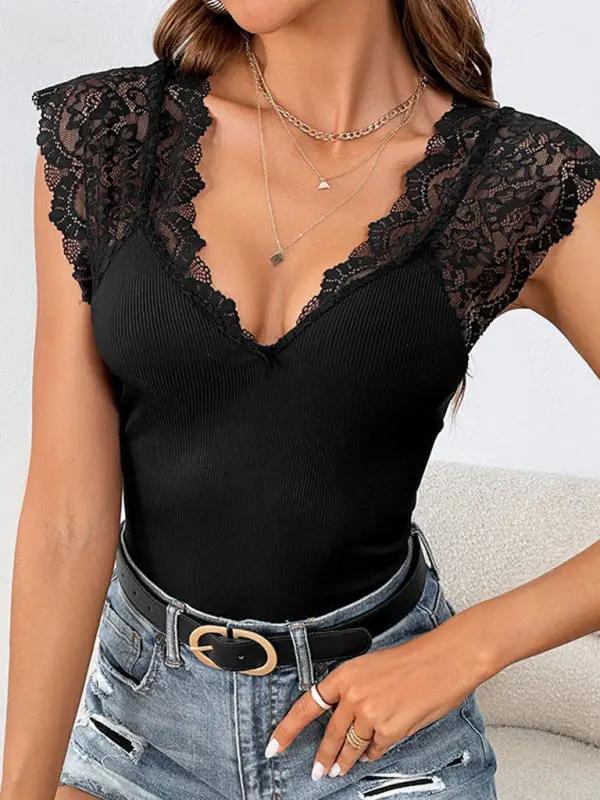 Black lace V-neck bodysuit with denim shorts