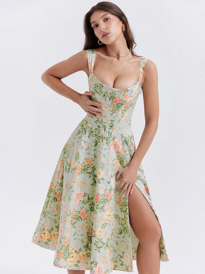 Robe florale fendue sexy à bretelles fines pour femmes 