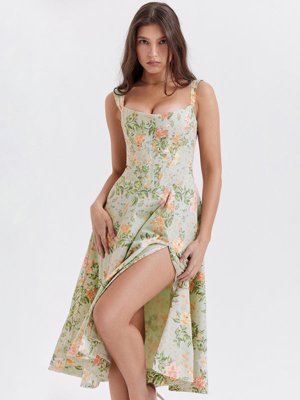 Robe florale fendue sexy à bretelles fines pour femmes 