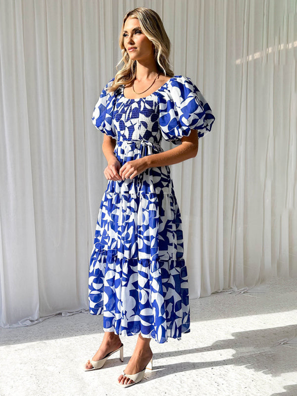 Robe élégante imprimée à une épaule et manches bouffantes pour femmes 