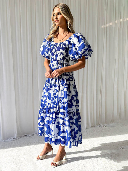 Robe élégante imprimée à une épaule et manches bouffantes pour femmes 