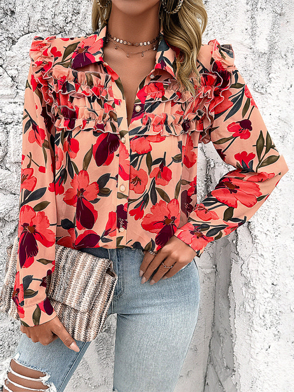 Chemise à manches longues décontractée à imprimé floral New Resort pour femmes 