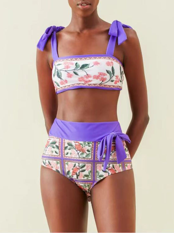 Neuer, hüftbetonter, dreiteiliger Badeanzug mit Farbblock-Print für den Strand und Sonnenschutz für Damen 