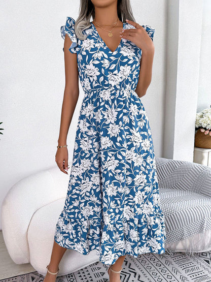 Robe de vacances imprimée à col en V et ceinture florale pour femmes 