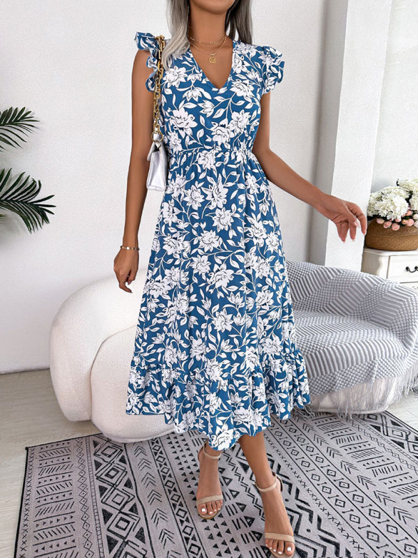 Robe de vacances imprimée à col en V et ceinture florale pour femmes 