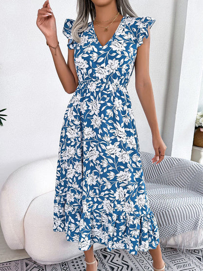 Robe de vacances imprimée à col en V et ceinture florale pour femmes 