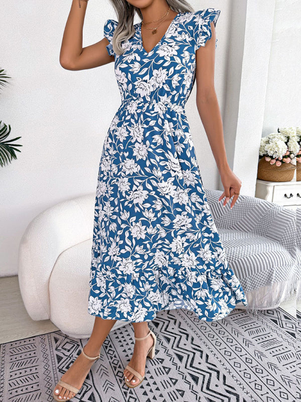 Robe de vacances imprimée à col en V et ceinture florale pour femmes 