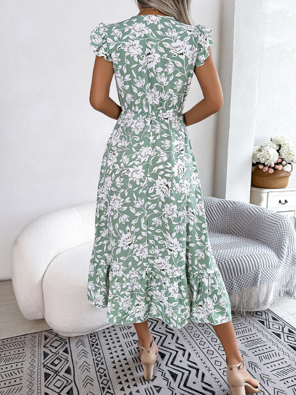 Robe de vacances imprimée à col en V et ceinture florale pour femmes 