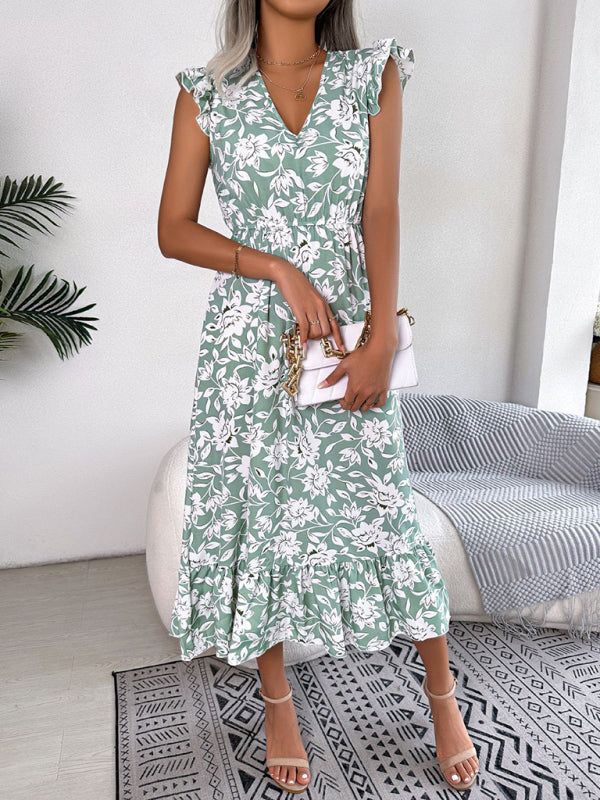 Robe de vacances imprimée à col en V et ceinture florale pour femmes 