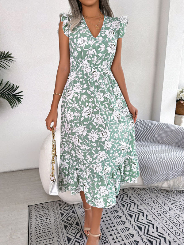 Robe de vacances imprimée à col en V et ceinture florale pour femmes 