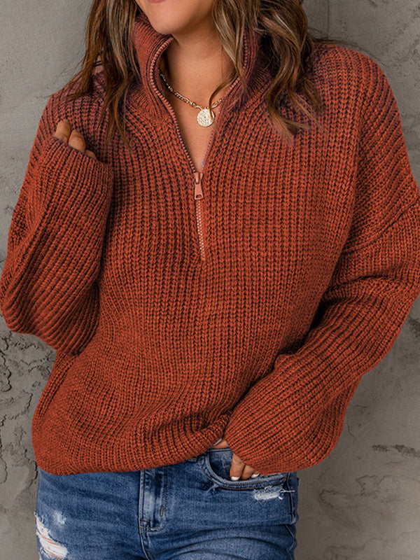 Pull ample à manches longues et col roulé pour femme, fermeture éclair 