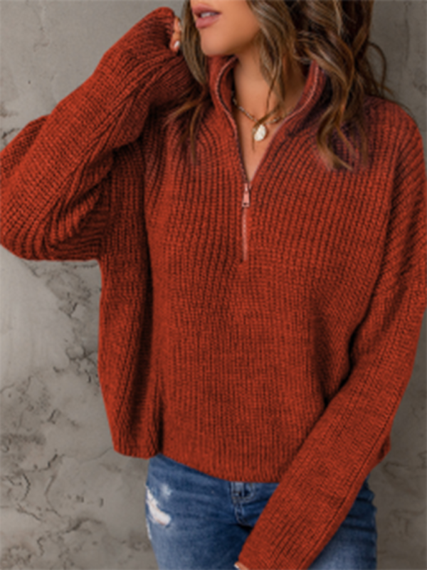 Pull ample à manches longues et col roulé pour femme, fermeture éclair 