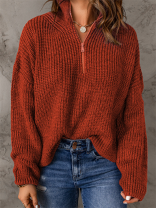 Pull ample à manches longues et col roulé pour femme, fermeture éclair 