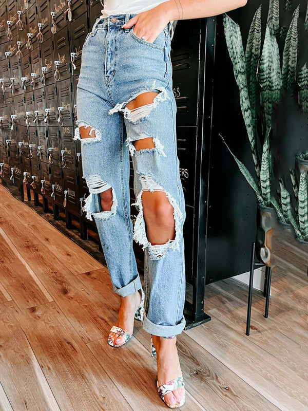 Gerade, schlankmachende, zerrissene Jeans für Damen mit hoher Taille 
